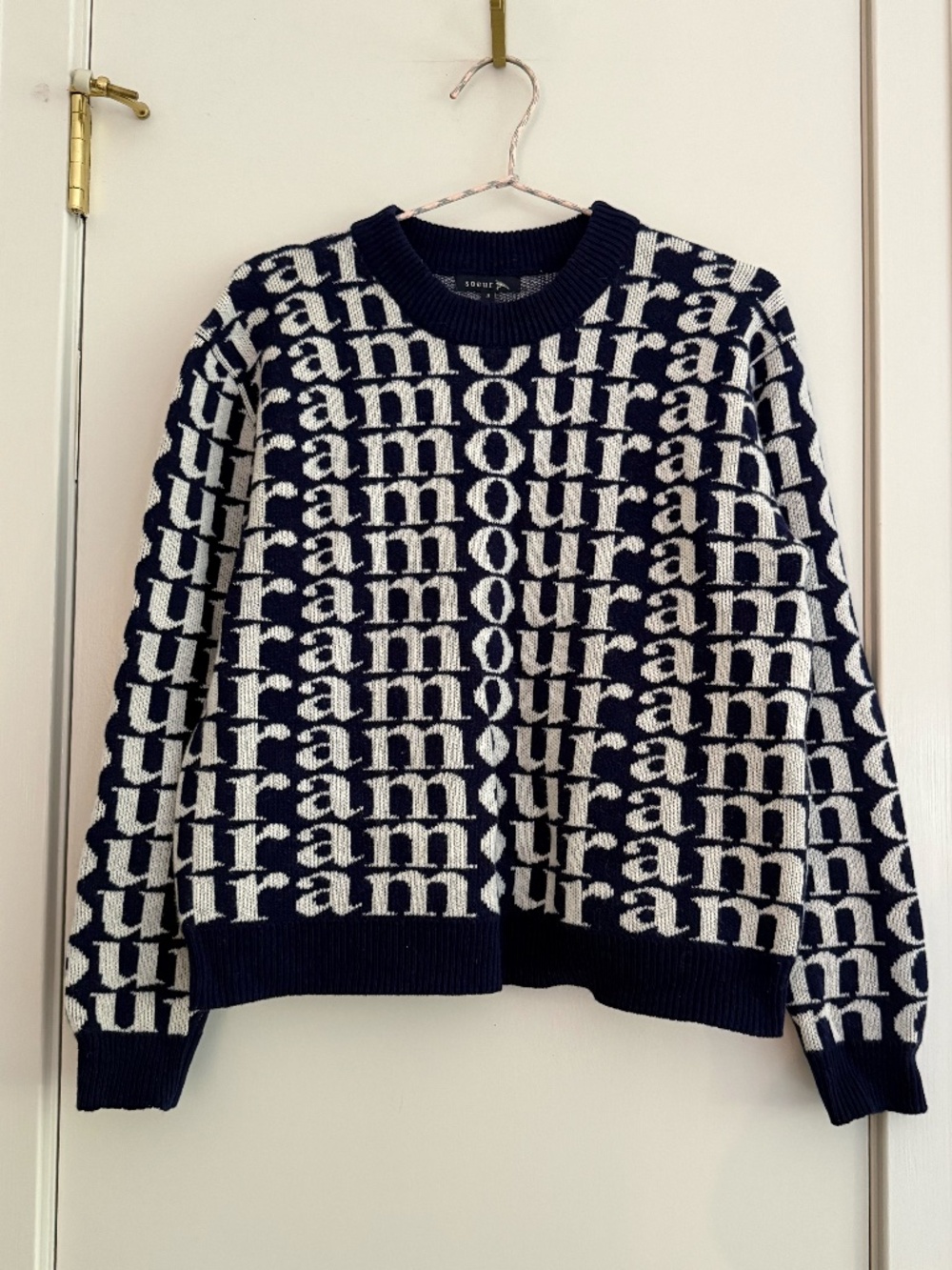 Soeur Paris Amour Logo Jacquard Knit Sweater Navy Cream Size 3
